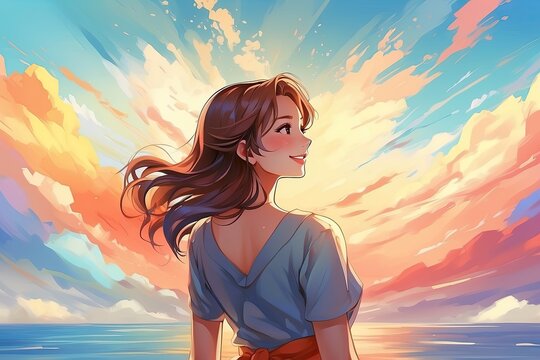 Happy Woman Smiling Laughing Colorful Splashes Sunset Background Radiating Happiness Anime Illustration Brushes Art Generative AI