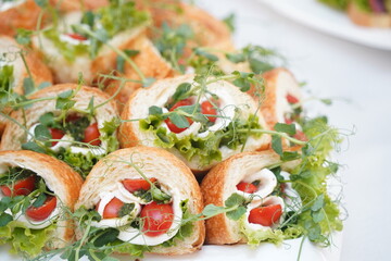 Mini sandwiches with tomatoes and slices of meat are laid out on a plate.