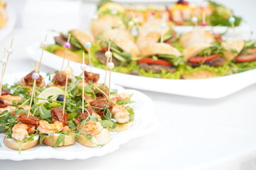 Mini sandwiches with tomatoes and slices of meat are laid out on a plate.