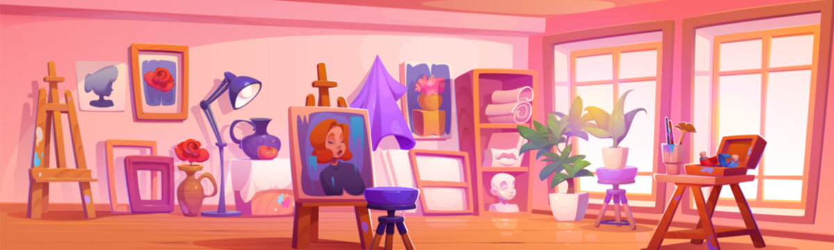 Art studio room interior with painting tools and materials. Cartoon vector illustration of creative workshop with equipment and supplies - easel and tripod stand, paper and brushes, plaster models.