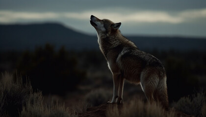 Wilderness area One wolf standing, watching nature tranquil beauty generated by AI