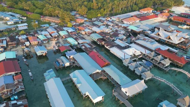Backwards Shot Of Bajau Laut Community Houses In Mabul Island, Sabah, Malaysia 