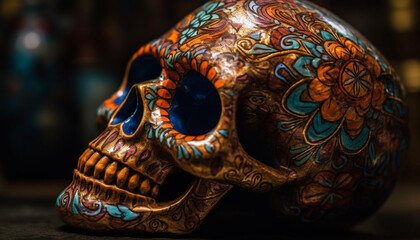 Fototapeta premium Day of the Dead souvenir ancient human skull decoration collection generated by AI