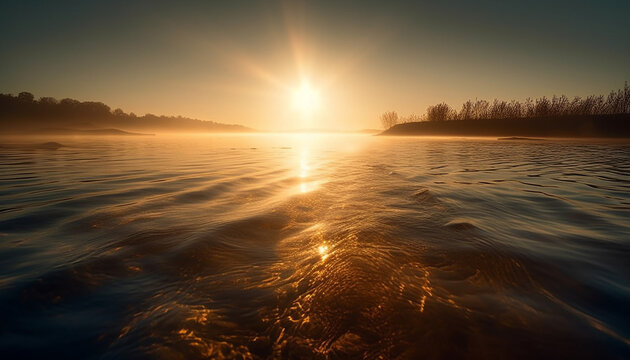 Golden sunset over tranquil waters, nature beauty in non urban scene generated by AI