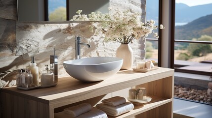 Stylish designer fashionable white basin in light bathroom