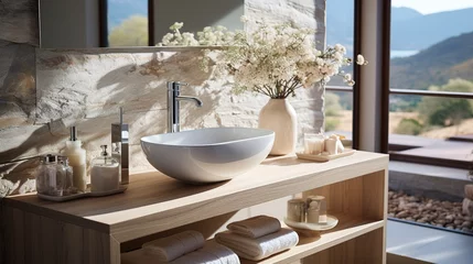 Poster Stylish designer fashionable white basin in light bathroom © Natalia S.