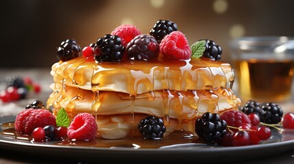 Delicious pancakes with maple syrup and fresh berries for family breakfast - obrazy, fototapety, plakaty