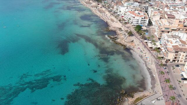 Mallorca: Aerial View Of Resort Town Son Servera On Majorca Island, Spain, Europe | Cruise Ship Follow To City Beach Coast