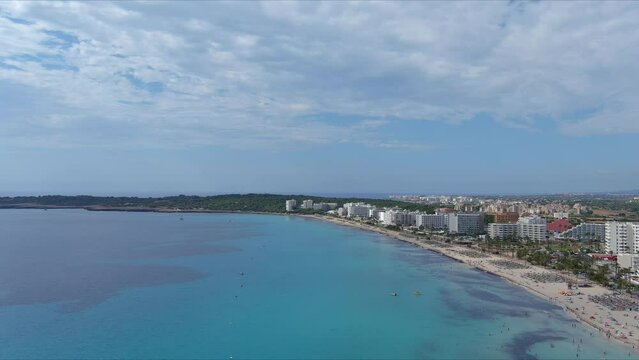 Mallorca: Aerial View Of Resort Town Son Servera On Majorca Island, Spain, Europe | Slow Down Over Beach