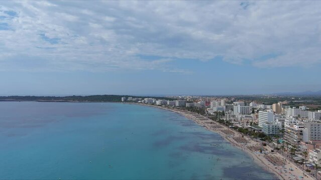 Mallorca: Aerial View Of Resort Town Son Servera On Majorca Island, Spain, Europe | Beach Crowd Follow