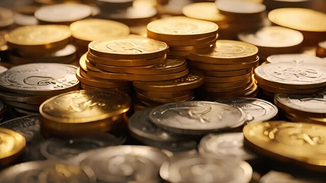 Much money. Earned capital. Wealth in the bank. The depository of gold and silver coins. Treasure hoard. Pension Fund. Millionaire or billionaire. The acquired status. 3d animation copy space concept