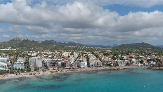 Mallorca: Aerial View Of Resort Town Son Servera On Majorca Island, Spain, Europe | City and Mountainside Follow