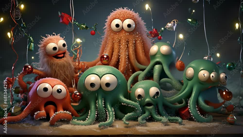 Poster a group of mischievous octopuses playfully wrapping each other up in strands of tinsel as they celeb