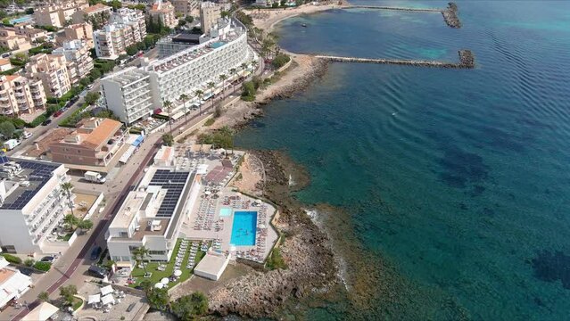 Mallorca: Aerial View Of Resort Town Son Servera On Majorca Island, Spain, Europe | Waves on Shore