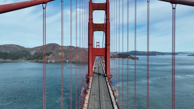 Golden Gate Bridge At San Francisco California United States. Bridge San Francisco California. Business Film Downtown Cityscape. Business Outside Downtown District Panning Wide.
