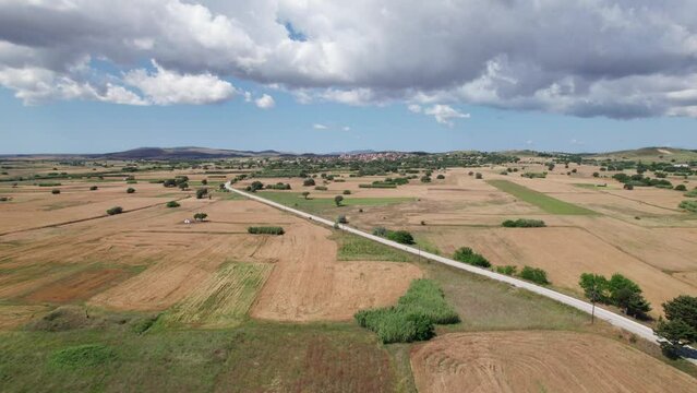 Winding white road curves between dry brown grassland farm plots leading to dispersed trees