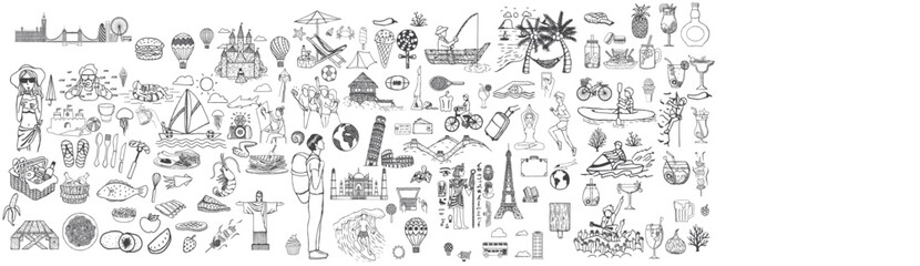 Big summer vacations icon set. Vector thin line illustrations with objects, activities and places related with traveling, tourism, outdoors in the beach and mountain, camping, resorts and hotels. - obrazy, fototapety, plakaty