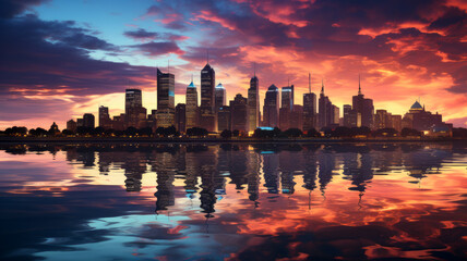 GLOWING SKYLINE REFLECTED IN THE WATER AT DUSK