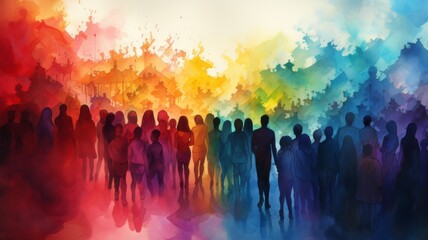 Multicultural people silhouettes painted with colorful paint - obrazy, fototapety, plakaty