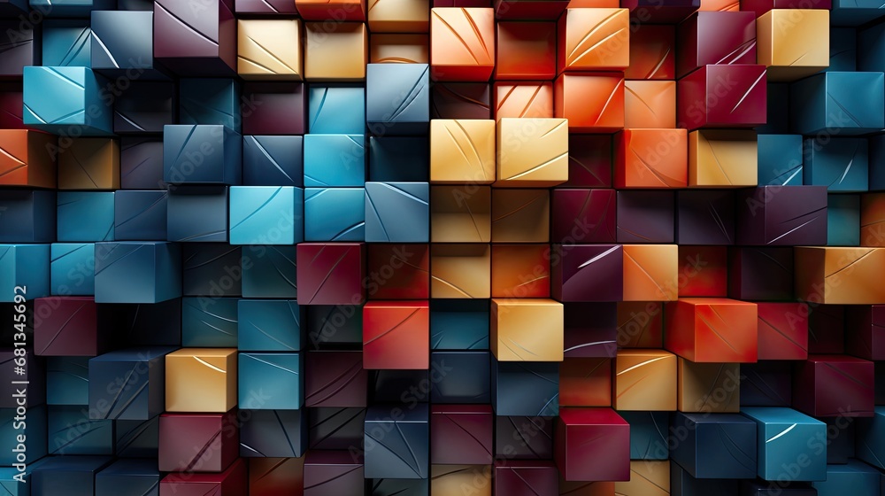 Poster abstract background from different multi-colored volumetric squares and cubes