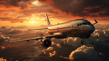 A large passenger plane flies in the sky in the clouds at sunset, tourism travel and aviation...