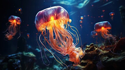 Beautiful glowing purple jellyfish swim underwater among sea inhabitants and corals