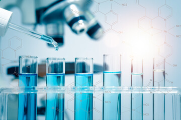 Closeup of Scientific microscope Molecules data analysis in the laboratory, study for making vaccine to protection a virus. Medical chemical. Student study education and research a sample test.
