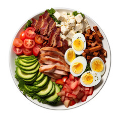 Top View of a Cobb Salad on a Plate Isolated on Transparent or White Background, PNG