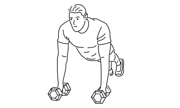 recommend clip art: line art of man training push up with dumbbell