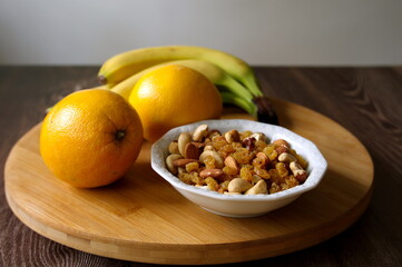 High angle view of various fruits on wooden background