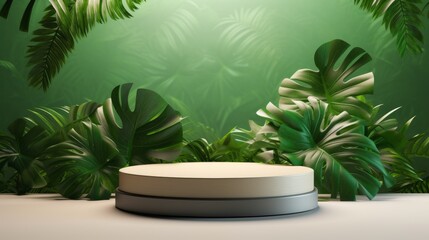 Podium with a leaf background, cosmetic beauty mockup display stand for product presentation Nature and organic cosmetics and food presentation themes Natural product present placement display