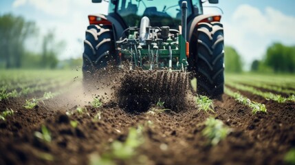 Agricultural tractor driving on field with planted plants