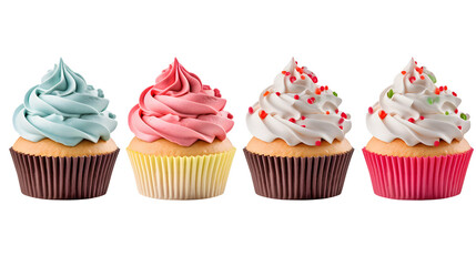 Cupcake muffin with icing frosting on transparent background cutout. PNG file. Many assorted different flavour. Mockup template for artwork design - obrazy, fototapety, plakaty
