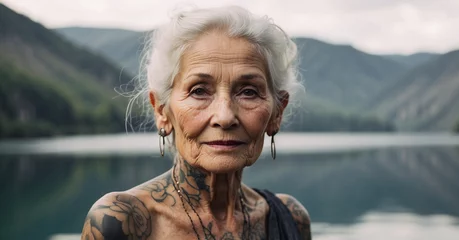 Foto op Plexiglas Portrait of trendy old woman with tattoo sitting on a lake, calm and beautiful female lady wear vintage accessories outdoor, smiling tattooed senior and peaceful nature, elderly style banner © Dasha Lapshina