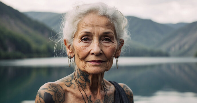 Portrait of trendy old woman with tattoo sitting on a lake, calm and beautiful female lady wear vintage accessories outdoor, smiling tattooed senior and peaceful nature, elderly style banner