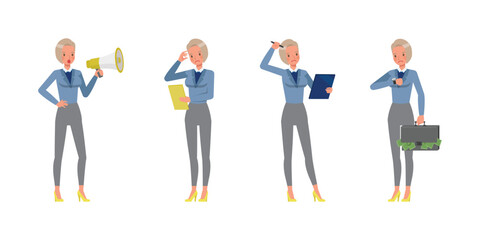 Fototapeta na wymiar Set of working woman wear blue suit character vector design. Presentation in various action. Businesswoman working in office planning, thinking and economic analysis on isolated white background.