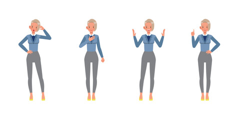 Set of working woman wear blue suit character vector design. Presentation in various action. Businesswoman working in office planning, thinking and economic analysis on isolated white background.