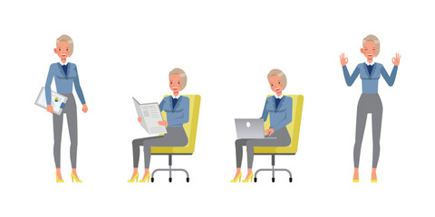 Set of working woman wear blue suit character vector design. Presentation in various action. Businesswoman working in office planning, thinking and economic analysis on isolated white background.