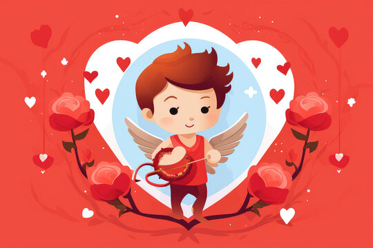 Valentine's Day concept with the flat style illustration featuring a cute cupid and heart. Perfect for greeting cards and festive designs. Idea for love and celebration.