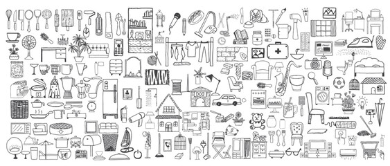 Hand drawn home appliances doodle set background. Hand Drawn vector illustration. big set vector doodle home buildings, appliances, tools, object, isolated on white background
 - obrazy, fototapety, plakaty