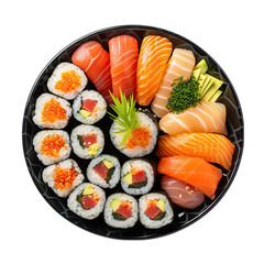 Top view of sushi rolls assortment on a plate Isolated on Transparent or White Background, PNG