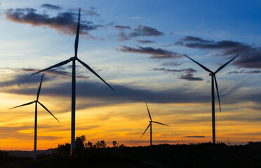 Wind turbines  on sunset background. Natural energy
