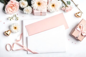 Mock up of feminine holidays greeting card in pale pastel color with flowers, gift box, ribbon and heart on white desktop backgrou ROYALTY-FREE STOCK PHOTOMock up of feminine holidays greeting card in
