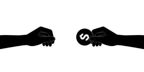 Hand Holding and Giving Coin Silhouette Black and and White. Vector Illustration. Growing Money, Saving and Investment Concept. 