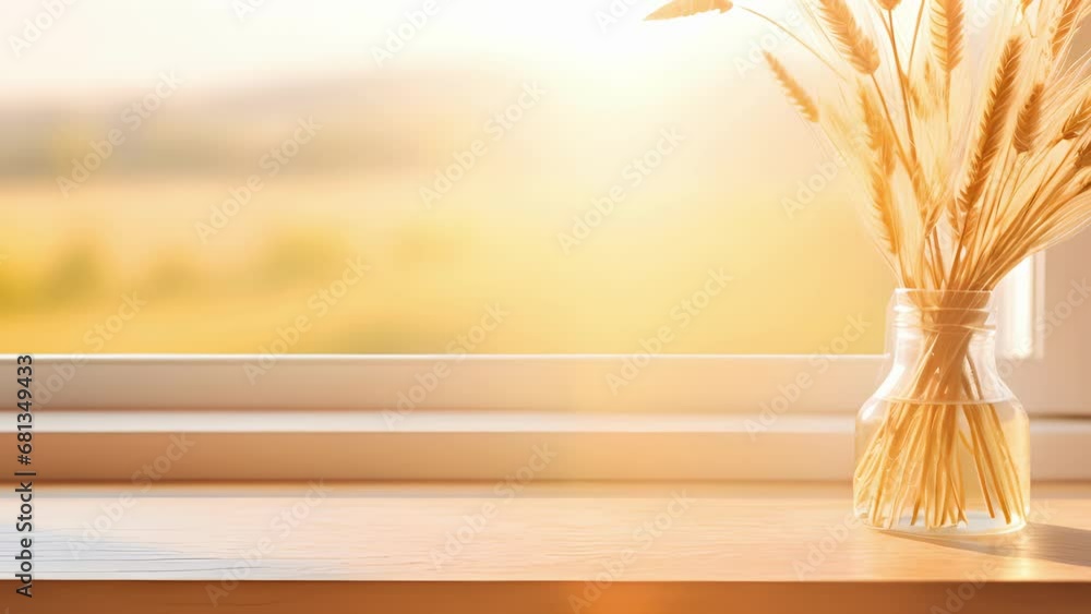 Poster a peaceful summer scene displaying a lush, goldenhued grassland. the warm sunlight streams in throug