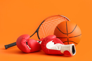 Tennis racket with boxing gloves and ball for playing basketball on orange background