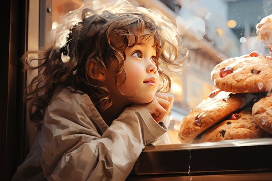 Close-up Of A Child's Nose Pressed Against A Bakery Window Filled With Holiday Treats.