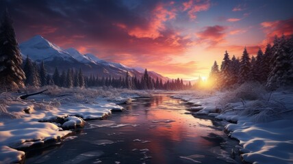 Serene winter sunrise over frozen forest and tranquil water reflection. - obrazy, fototapety, plakaty
