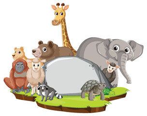 Wild Animals Gather Around Empty Stone Banner