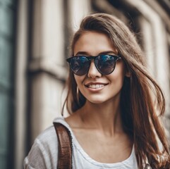 Naklejka premium Smiling Woman in Sunglasses Enjoying the Cityscape